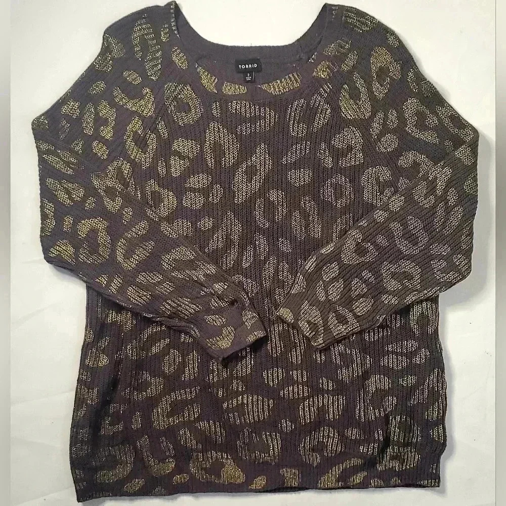 TORRID Wine & GOLD FOIL LEOPARD RIB Pull over Sweater Sz 2 2XL 16-18 US - Picture 3 of 10